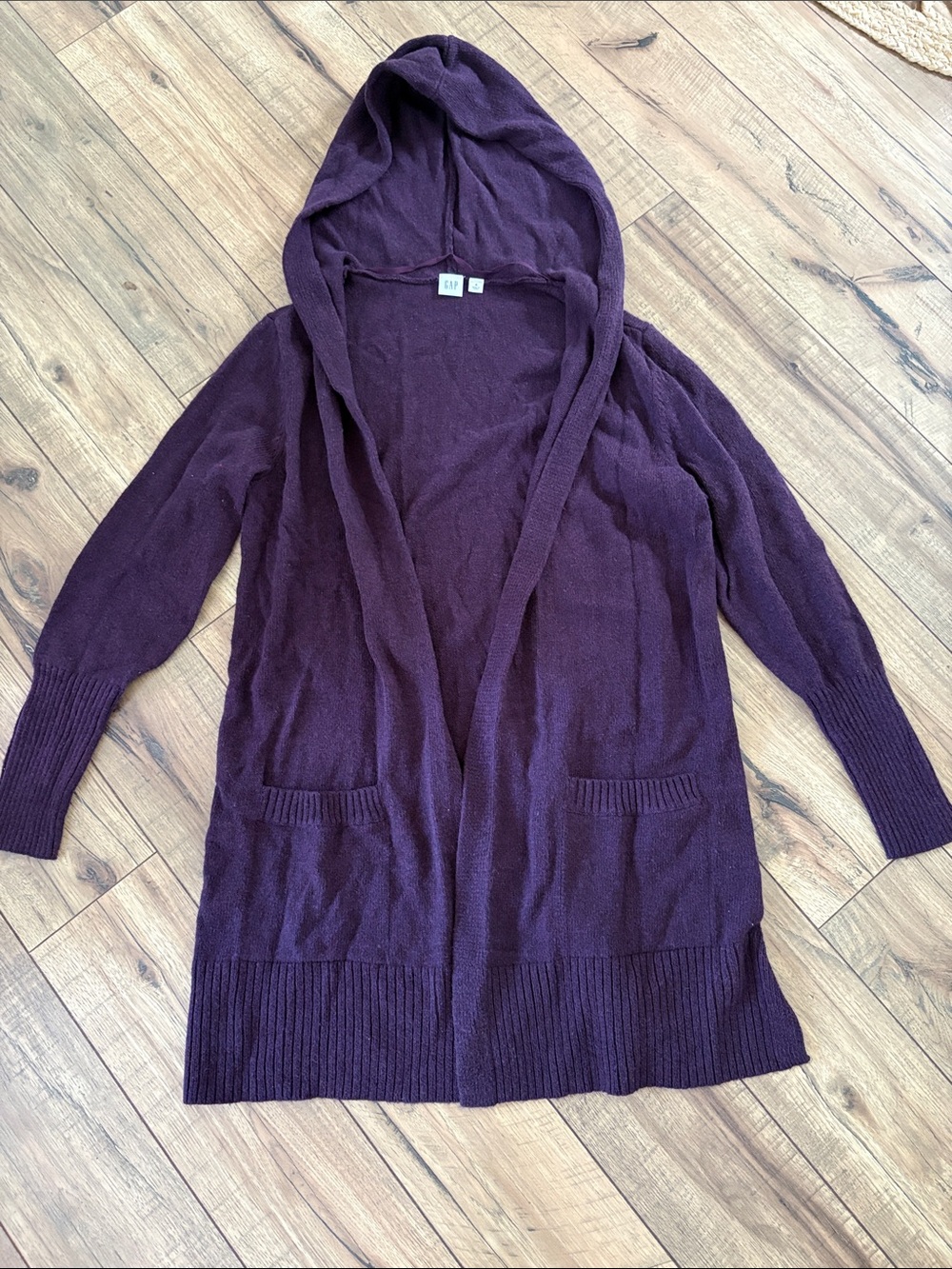 GAP Hooded Open-Front Cardigan in Deep Plum